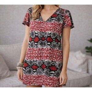 Bubbly Love Tunic Dress Small Red Black Snakeskin Print Mini Relaxed Fit